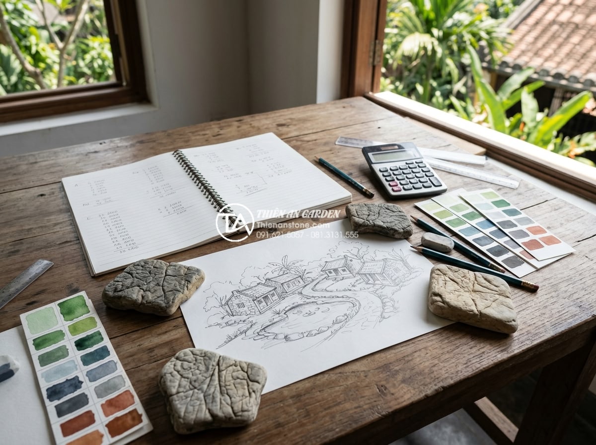 Hướng dẫn tự làm tiểu cảnh làng quê mini tại nhà cho người mới bắt đầu - Detailed realistic image of a hand-drawn sketch and material layout for a beginn