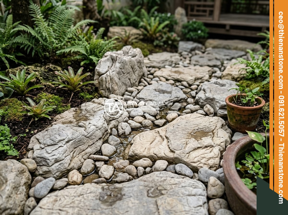 Hướng dẫn xử lý thoát nước cho tiểu cảnh hoa tết để tránh thối rễ - Hình 10 Hướng dẫn xử lý thoát nước cho tiểu cảnh hoa tết để tránh thối rễ - Selection of premium natural stone pieces optimized for water drainage in garden