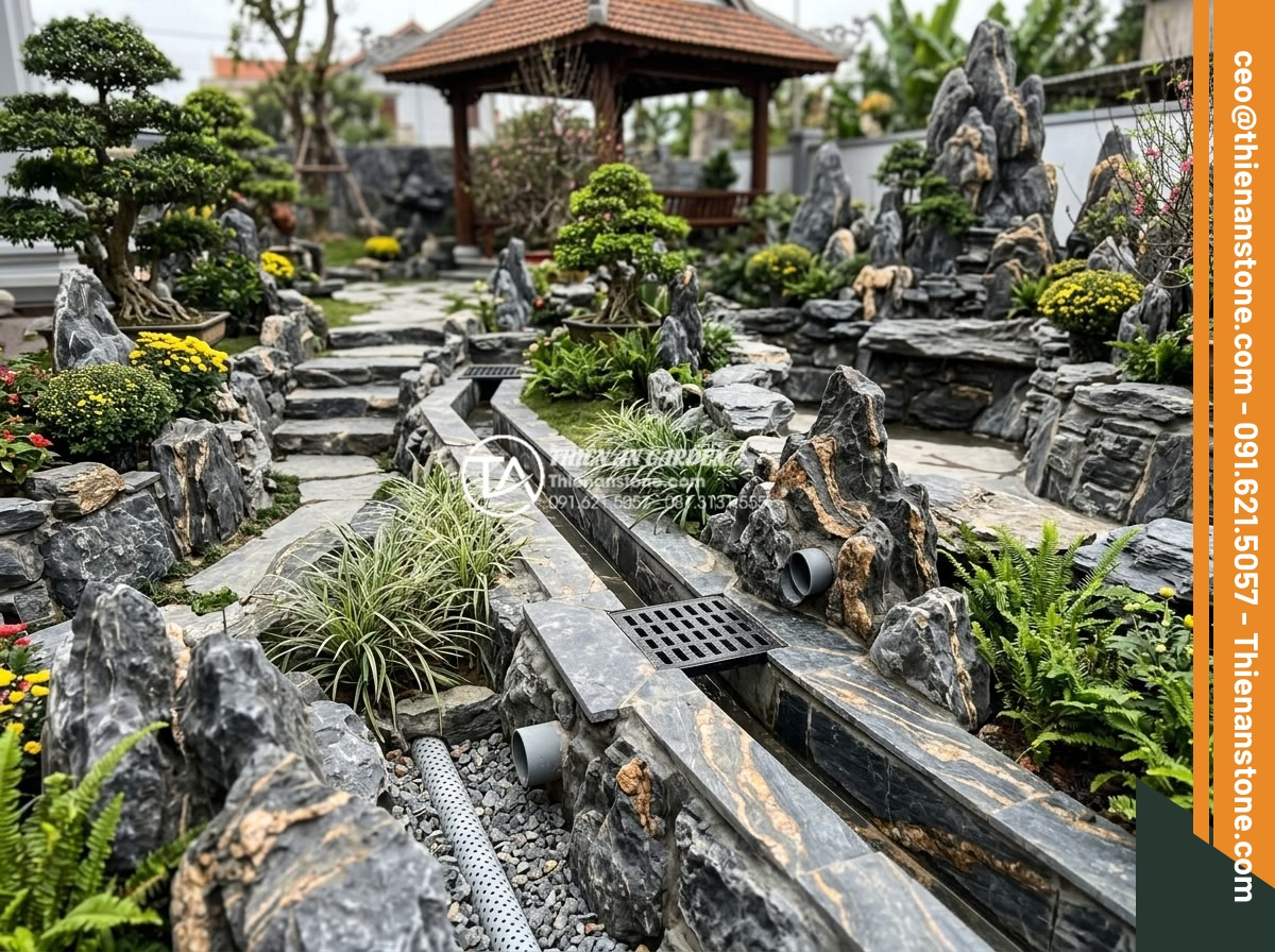 Hướng dẫn xử lý thoát nước cho tiểu cảnh hoa tết để tránh thối rễ - Hình 12 Hướng dẫn xử lý thoát nước cho tiểu cảnh hoa tết để tránh thối rễ - Completed installation of full drainage system in a large Tet flower stone lands