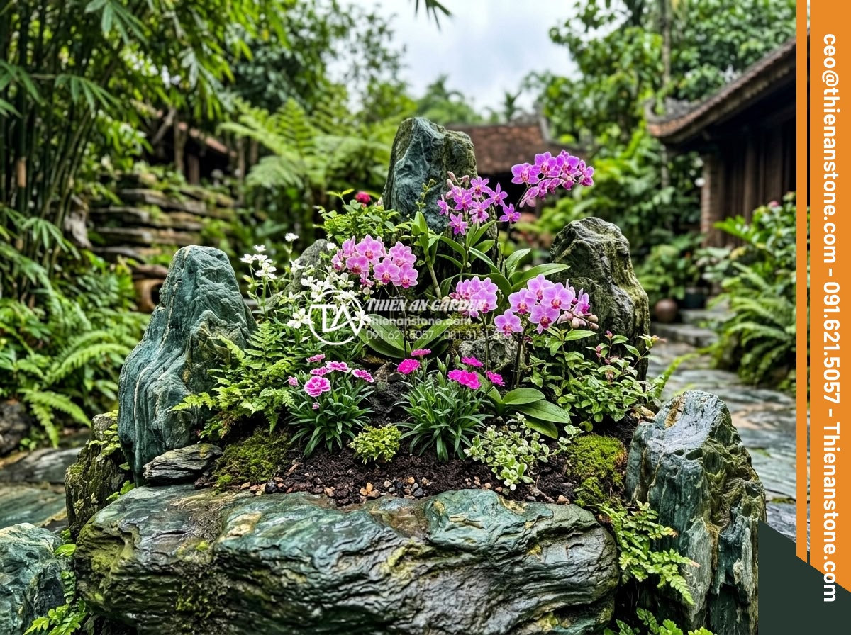 Hướng dẫn xử lý thoát nước cho tiểu cảnh hoa tết để tránh thối rễ - Hình 14 Hướng dẫn xử lý thoát nước cho tiểu cảnh hoa tết để tránh thối rễ - Healthy blooming flowers planted correctly on natural stone base with no signs o