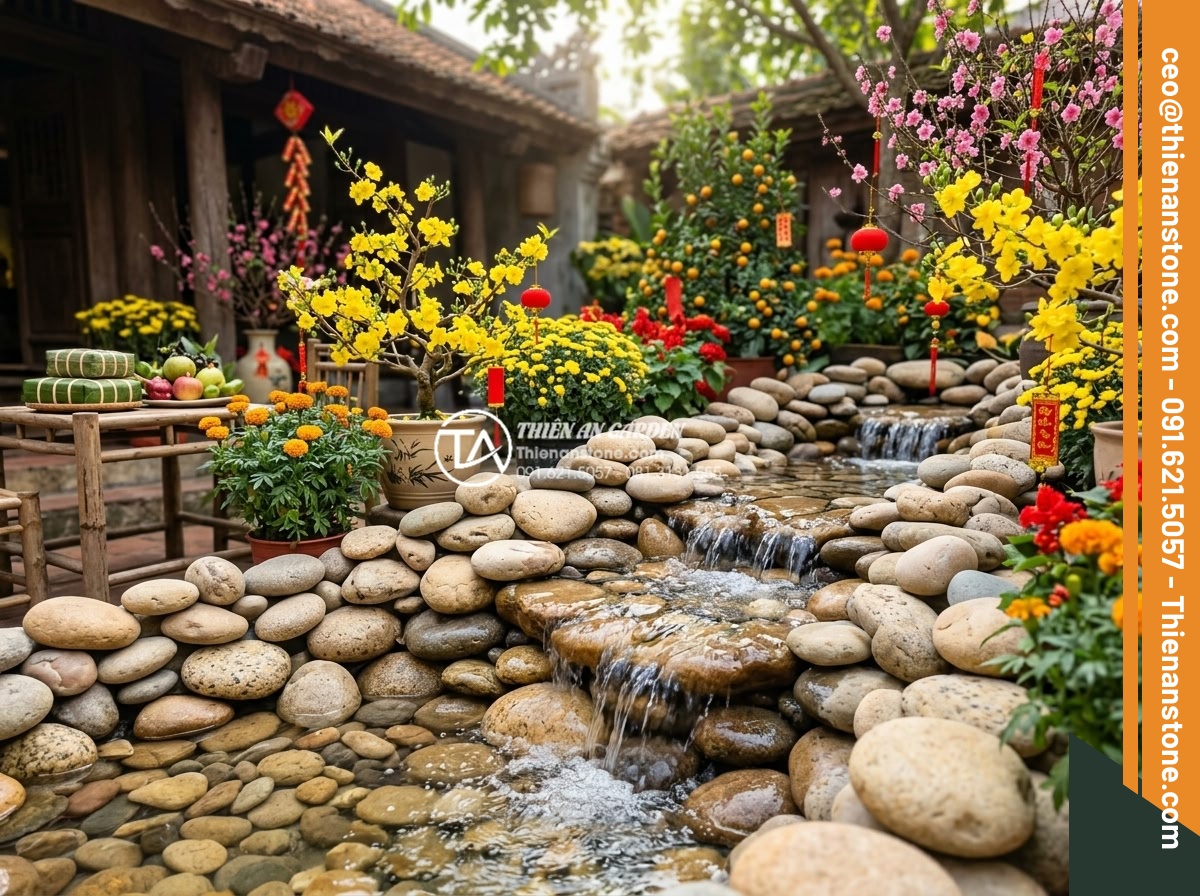 Hướng dẫn xử lý thoát nước cho tiểu cảnh hoa tết để tránh thối rễ - Hình 16 Hướng dẫn xử lý thoát nước cho tiểu cảnh hoa tết để tránh thối rễ - Dynamic Tet flower scene combining natural stone, flowers, and cascading water f