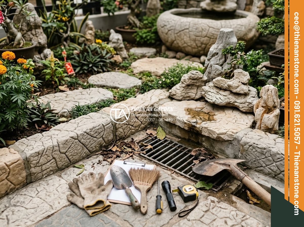 Hướng dẫn xử lý thoát nước cho tiểu cảnh hoa tết để tránh thối rễ - Hình 17 Hướng dẫn xử lý thoát nước cho tiểu cảnh hoa tết để tránh thối rễ - Maintenance checklist and tools for inspecting drainage in post-Tet stone flower