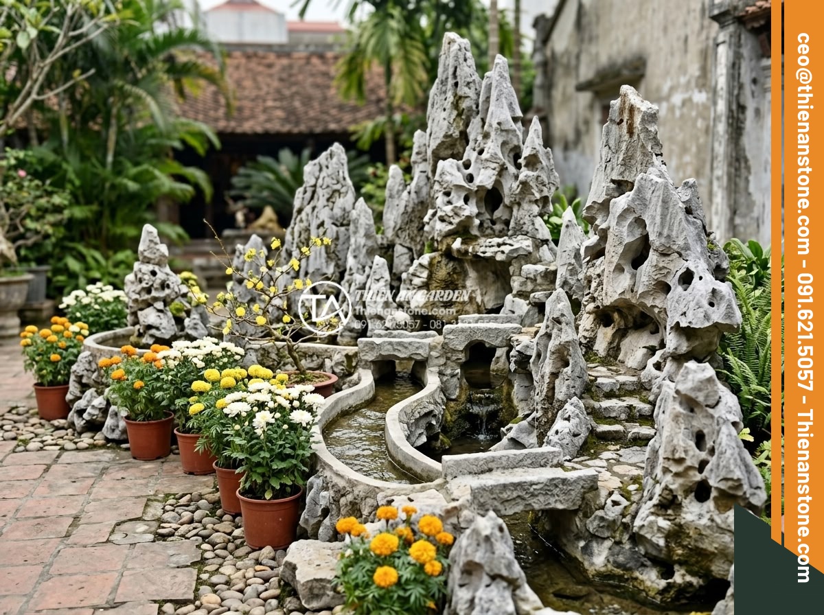 Hướng dẫn xử lý thoát nước cho tiểu cảnh hoa tết để tránh thối rễ - Hình 18 Hướng dẫn xử lý thoát nước cho tiểu cảnh hoa tết để tránh thối rễ - Long-term maintained drainage system in a stone art landscape with fresh flowers