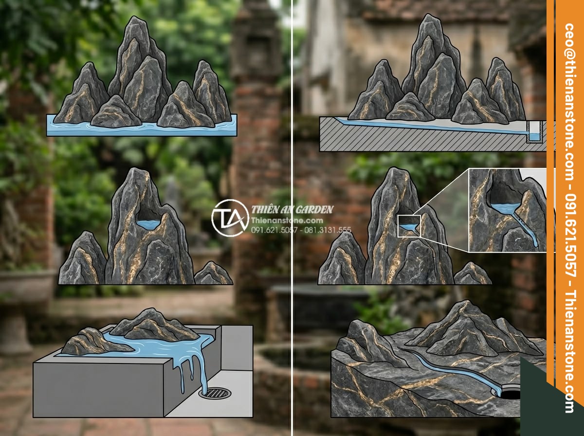 Hướng dẫn xử lý thoát nước cho tiểu cảnh hoa tết để tránh thối rễ - Hình 19 Hướng dẫn xử lý thoát nước cho tiểu cảnh hoa tết để tránh thối rễ - Common drainage mistakes in stone Tet scenes with correction diagrams and fixes