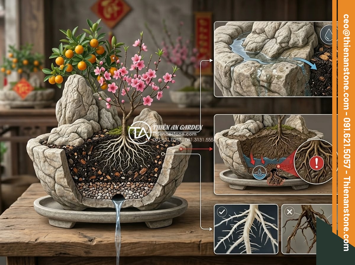 Hướng dẫn xử lý thoát nước cho tiểu cảnh hoa tết để tránh thối rễ - Hình 3 Hướng dẫn xử lý thoát nước cho tiểu cảnh hoa tết để tránh thối rễ - Detailed diagram showing common causes of root rot in stone-based Tet flower arr