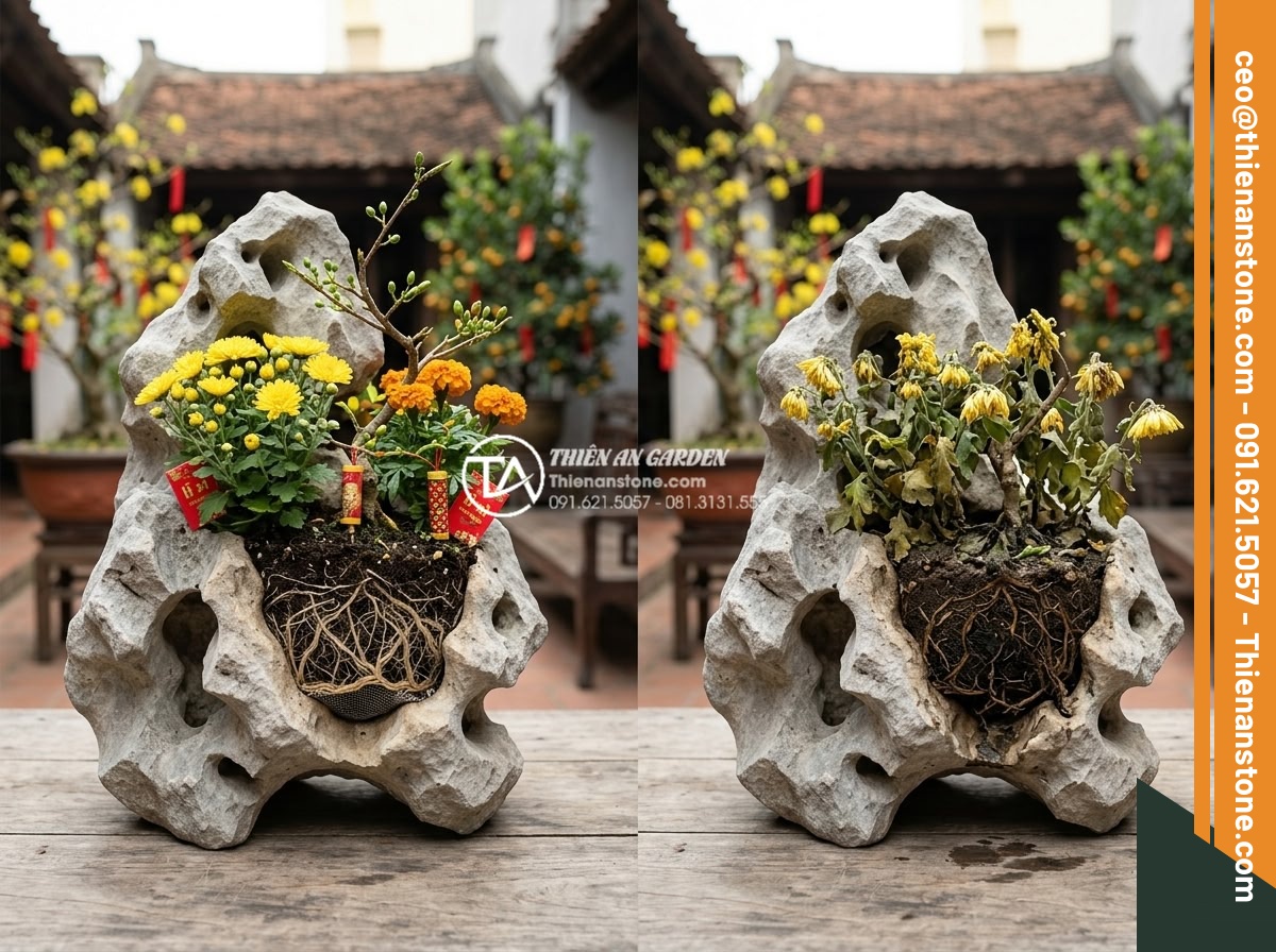 Hướng dẫn xử lý thoát nước cho tiểu cảnh hoa tết để tránh thối rễ - Hình 4 Hướng dẫn xử lý thoát nước cho tiểu cảnh hoa tết để tránh thối rễ - Before and after comparison of Tet flower mini scene with and without proper dra