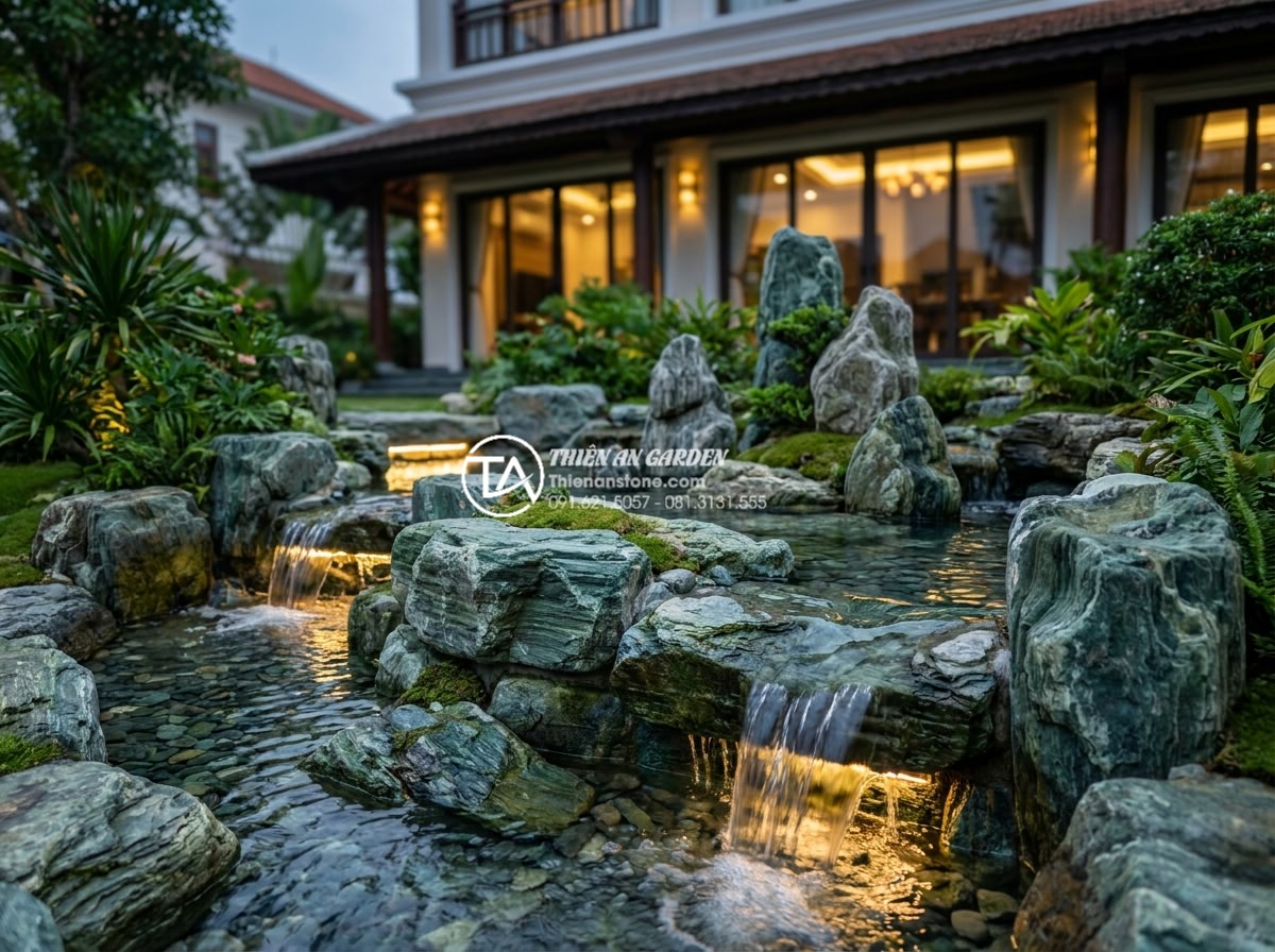 Kết hợp đá cuội và nước: Nghệ thuật tạo hình tiểu cảnh thác nước mini - Luxurious garden scene with pebble stone water feature including mini cascades a