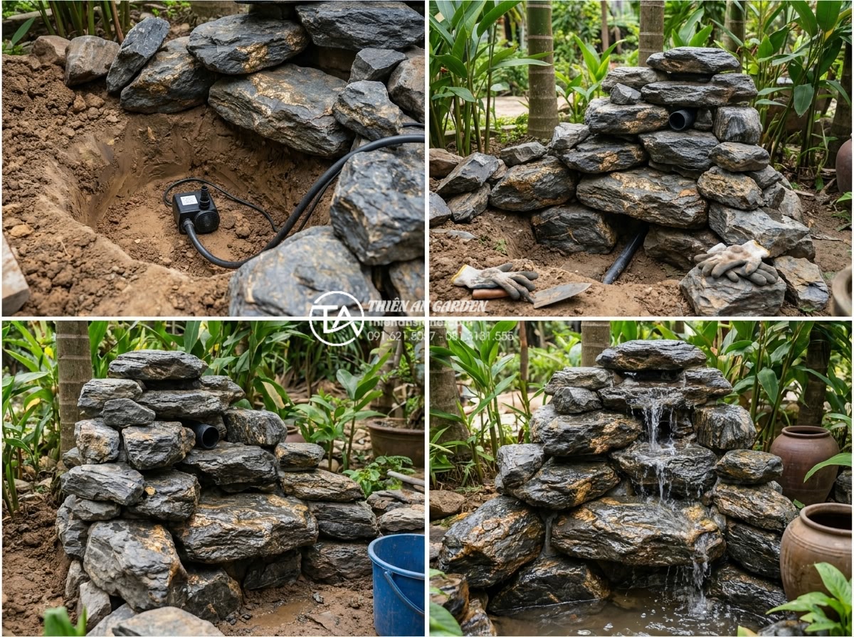 Kết hợp đá cuội và nước: Nghệ thuật tạo hình tiểu cảnh thác nước mini - Step-by-step construction process of a pebble stone mini waterfall, showing work