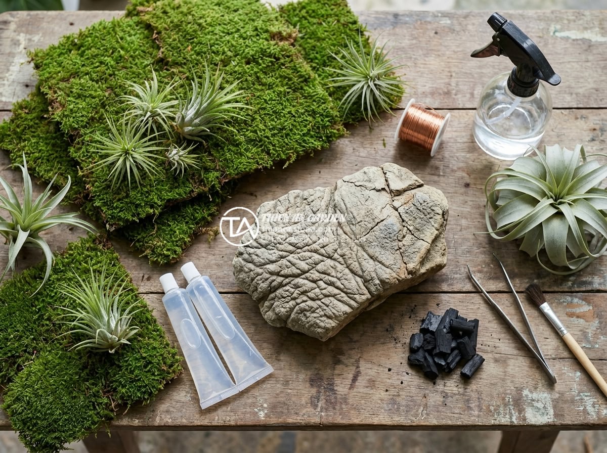Kỹ thuật gắn rêu và cây không khí lên tiểu cảnh gỗ lũa mini - Flat lay arrangement of materials for attaching moss to driftwood: fresh green m