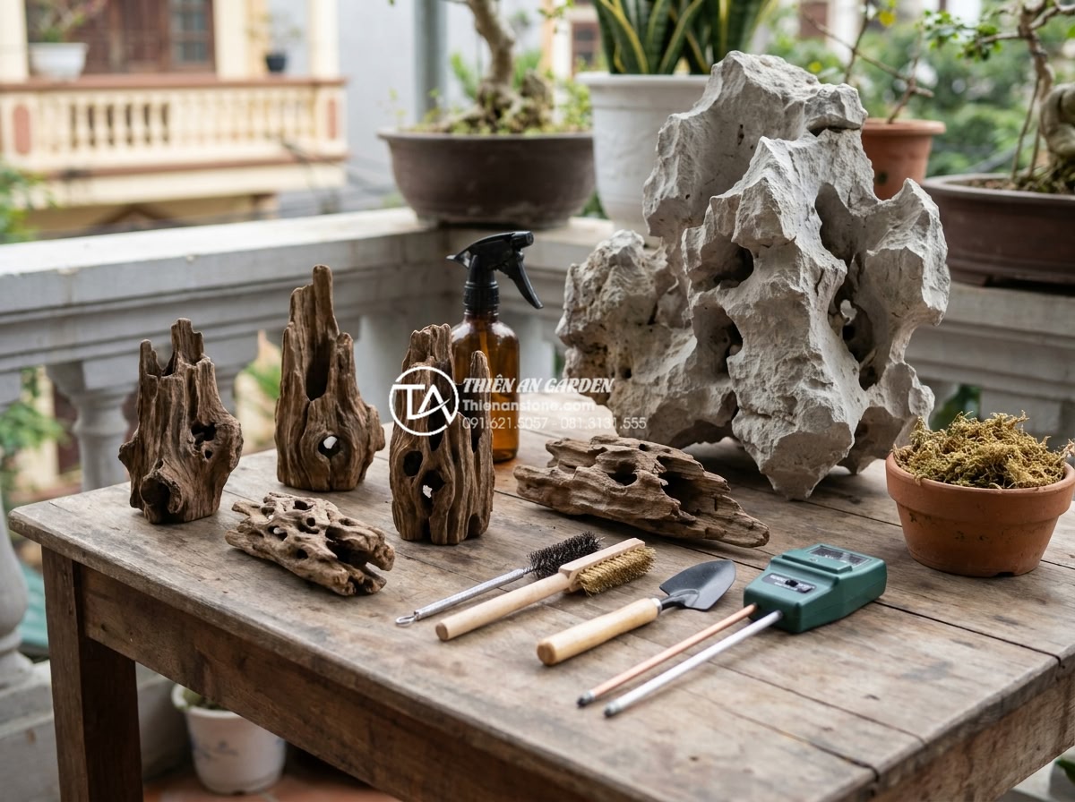Kỹ thuật gắn rêu và cây không khí lên tiểu cảnh gỗ lũa mini - Selection of various mini driftwood pieces with natural crevices and textures pr