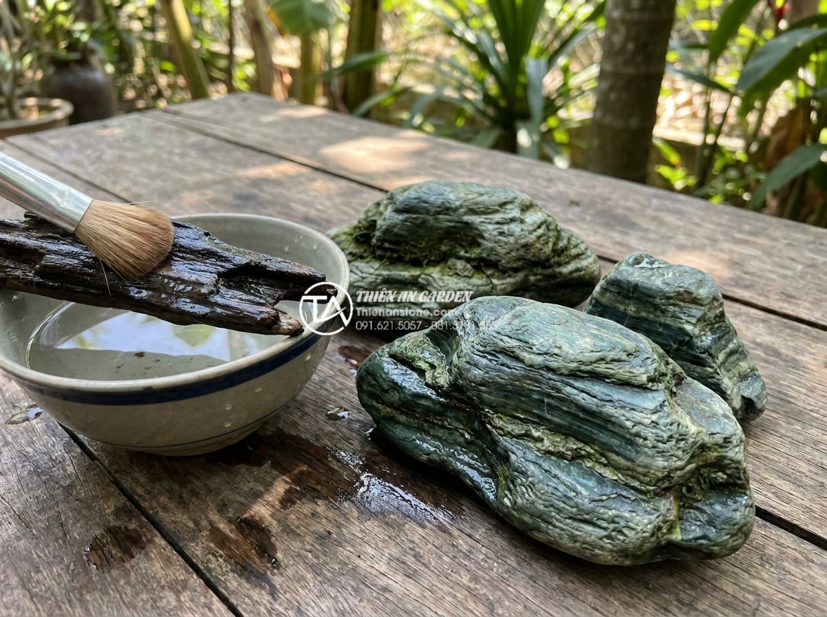 Kỹ thuật gắn rêu và cây không khí lên tiểu cảnh gỗ lũa mini - Step-by-step process photo showing cleaning of mini driftwood with soft brush an