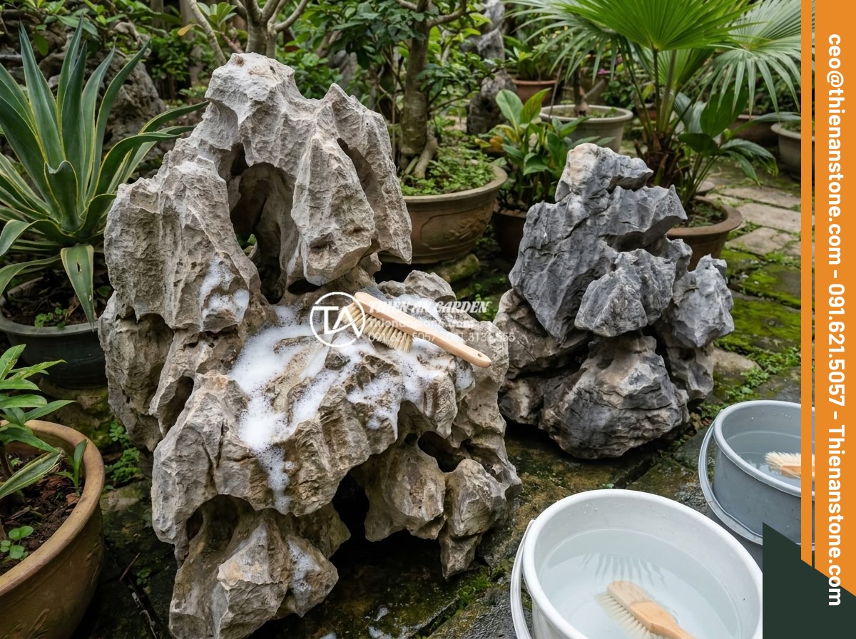 Làm thế nào để giữ màu sắc đá tự nhiên trong tiểu cảnh luôn như mới? - Professional cleaning process of natural stone in a Vietnamese garden showing ge