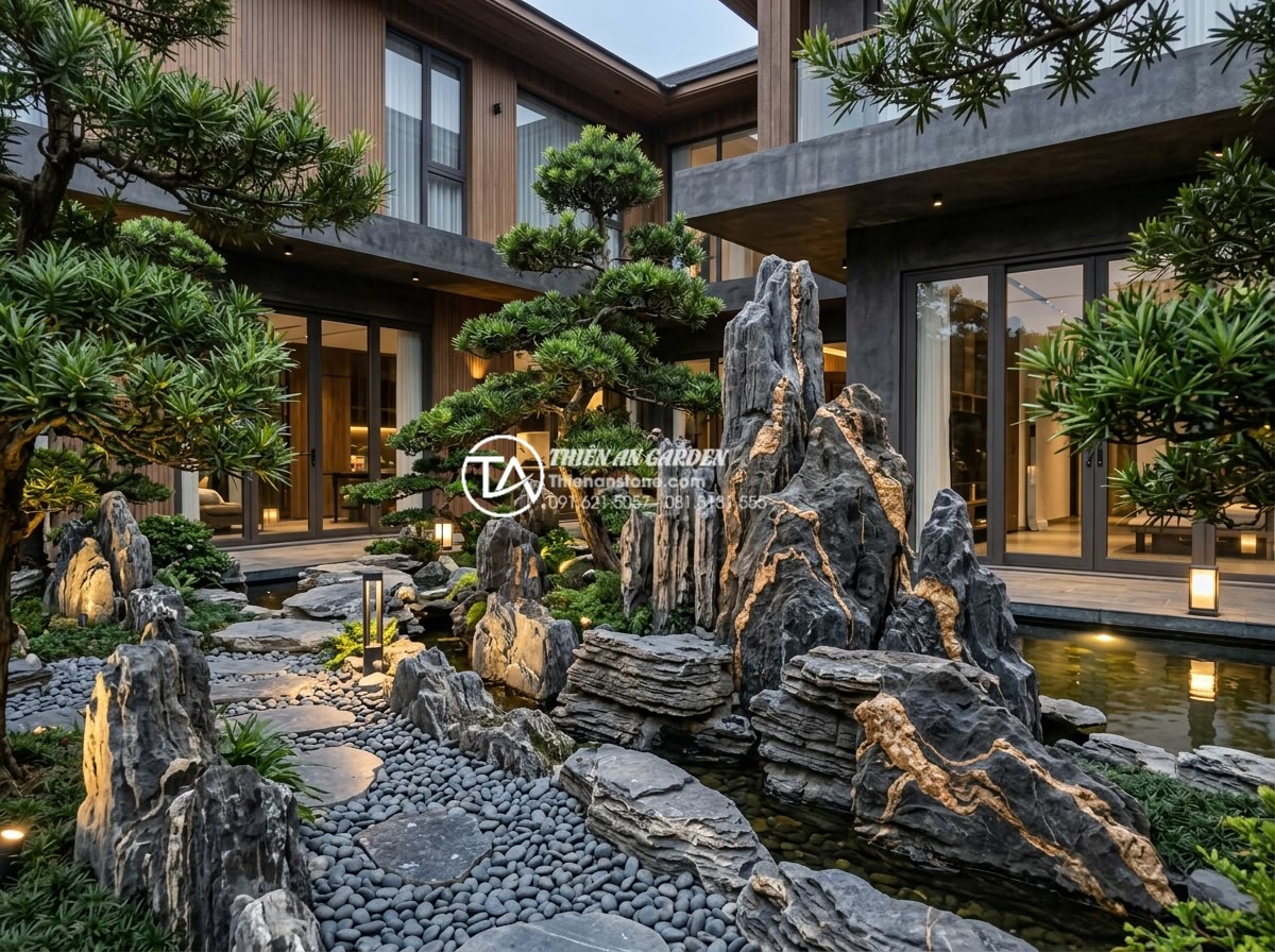 Mẫu tiểu cảnh đá cuội kết hợp cây tùng la hán đẳng cấp cho đại gia - Wide angle shot of an elegant high-class garden with pebble rockery and La Han p
