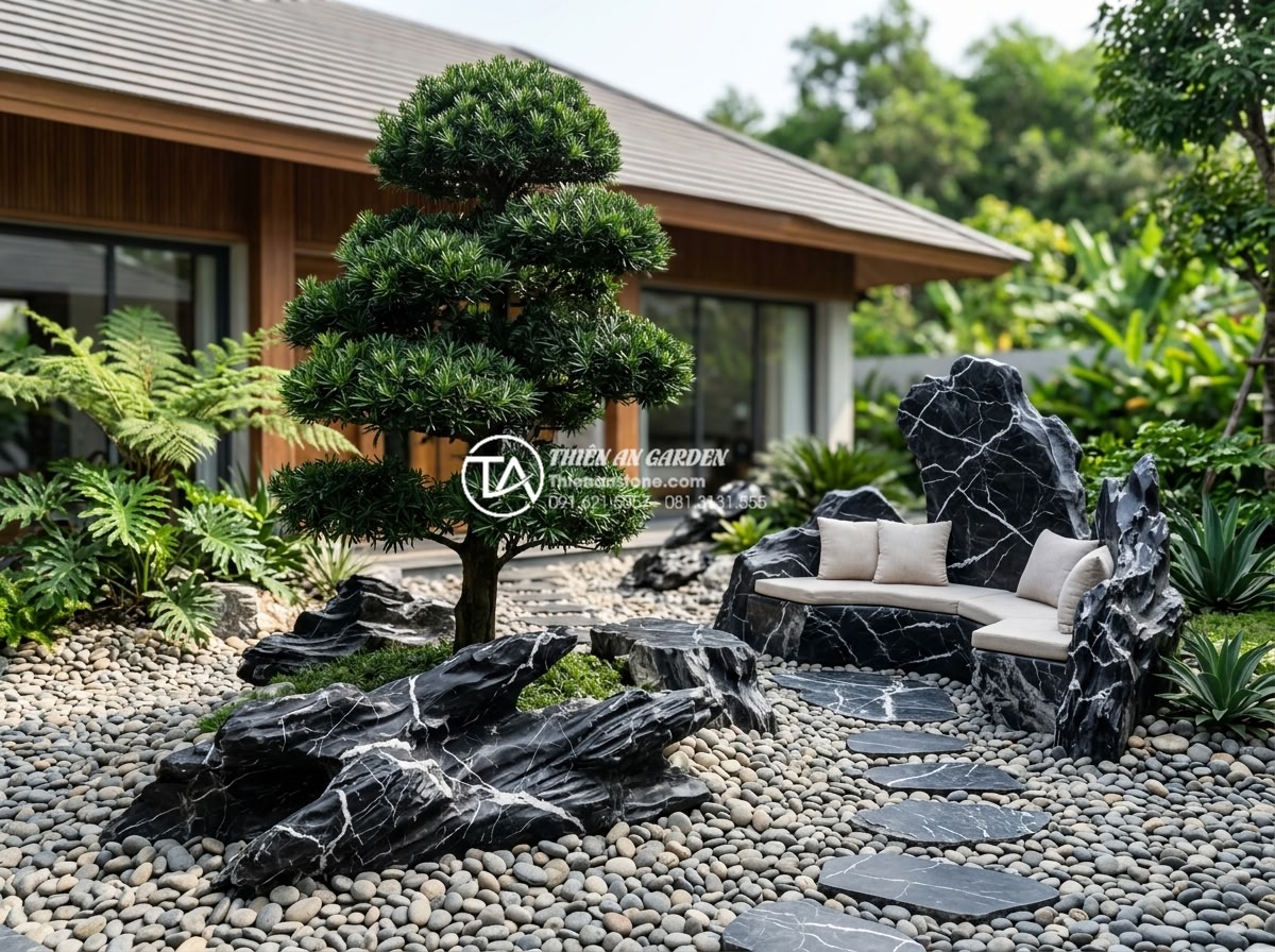 Mẫu tiểu cảnh đá cuội kết hợp cây tùng la hán đẳng cấp cho đại gia - Benefits illustration of pebble and pine landscape showing low maintenance garde
