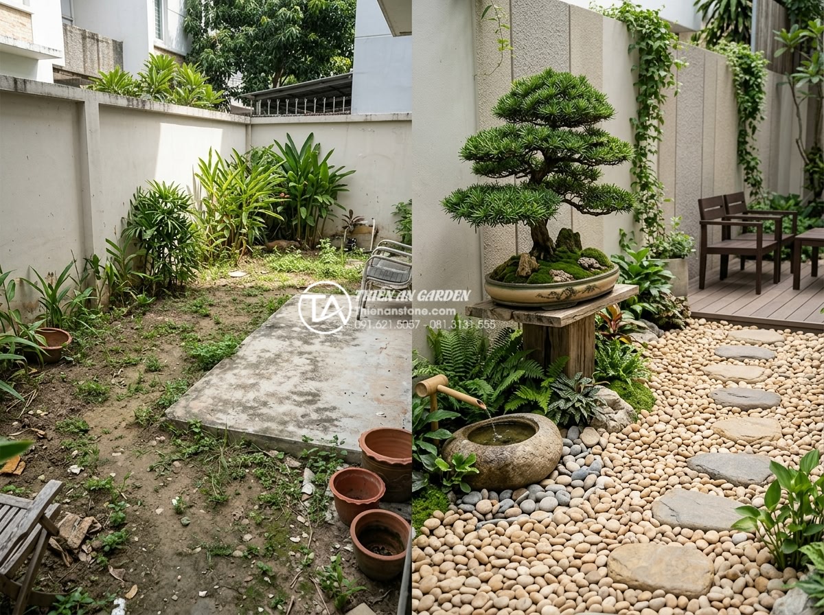 Mẫu tiểu cảnh đá cuội kết hợp cây tùng la hán đẳng cấp cho đại gia - Luxury backyard transformation before and after with pebble stone and La Han pin