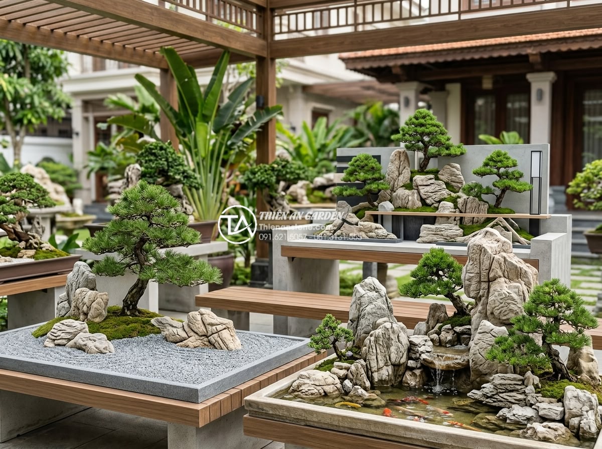 Mẫu tiểu cảnh đá cuội kết hợp cây tùng la hán đẳng cấp cho đại gia - Various luxury samples of pebble and La Han pine miniature landscapes in differe