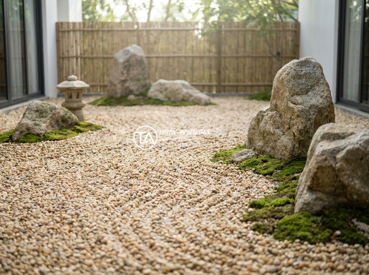 Mẫu tiểu cảnh đá cuội khô phong cách Nhật Bản Zen Garden tối giản - Photorealistic high-resolution image of a minimalist Japanese Zen dry garden in 
