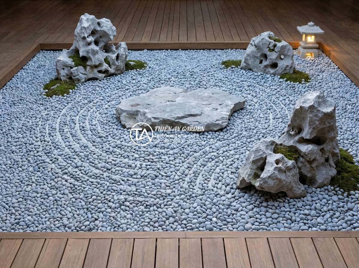 Mẫu tiểu cảnh đá cuội khô phong cách Nhật Bản Zen Garden tối giản - Ultra realistic 8K image of a perfectly balanced minimalist Zen dry pebble garde