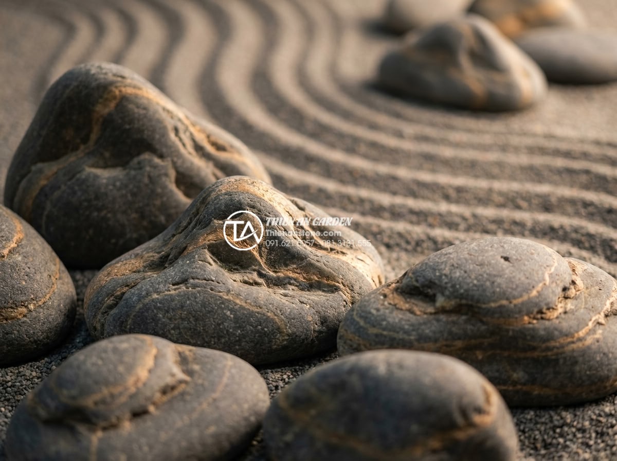 Mẫu tiểu cảnh đá cuội khô phong cách Nhật Bản Zen Garden tối giản - Close-up professional macro photography of premium natural river pebbles in mult