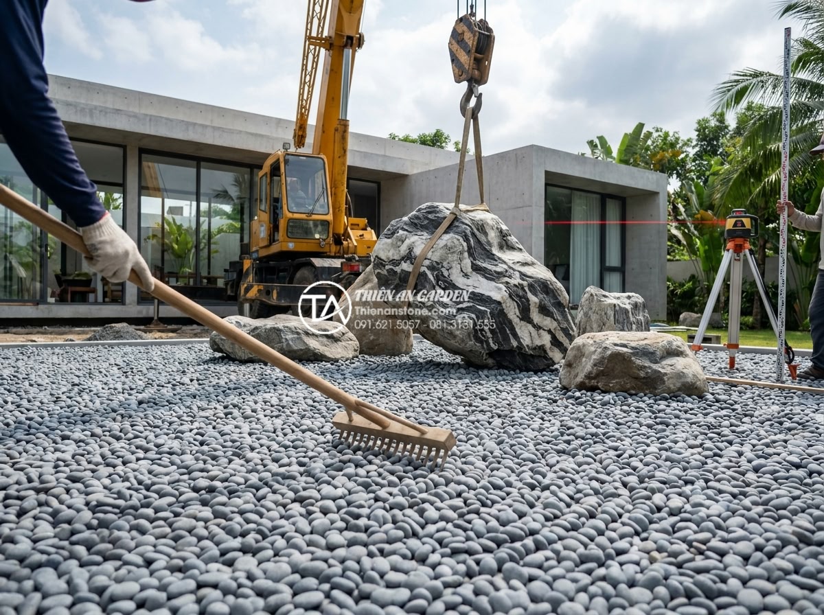 Mẫu tiểu cảnh đá cuội khô phong cách Nhật Bản Zen Garden tối giản - Step-by-step professional construction photography of Japanese Zen dry pebble ga