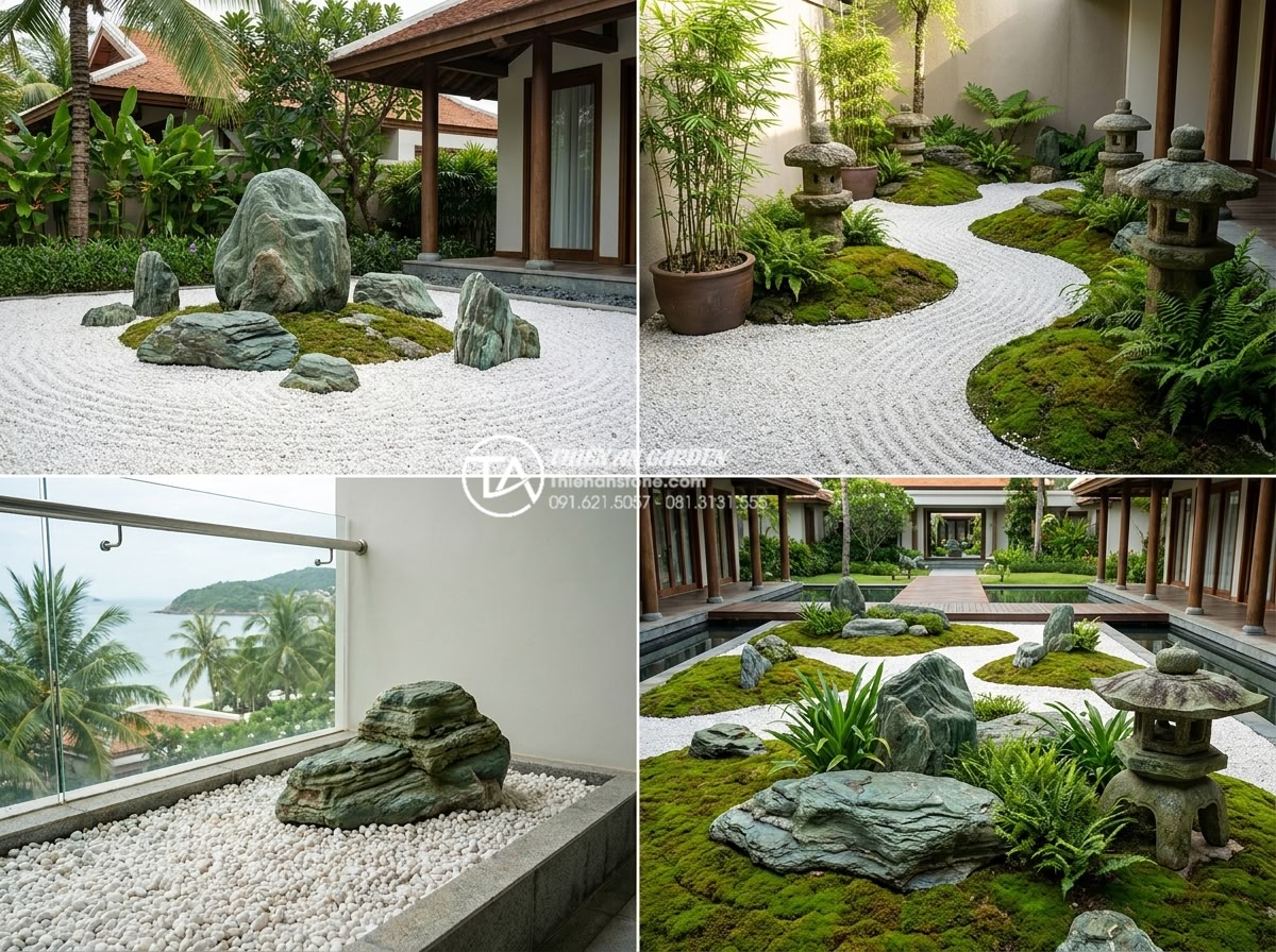 Mẫu tiểu cảnh đá cuội khô phong cách Nhật Bản Zen Garden tối giản - Beautiful collection of four different minimalist Japanese Zen dry pebble garden