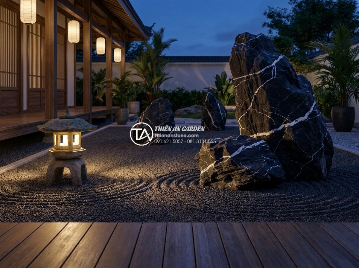Mẫu tiểu cảnh đá cuội khô phong cách Nhật Bản Zen Garden tối giản - Serene evening scene of a Japanese Zen dry pebble garden in a luxury Vietnamese 