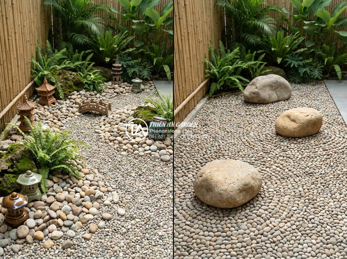 Mẫu tiểu cảnh đá cuội khô phong cách Nhật Bản Zen Garden tối giản - Educational comparison image showing common mistakes in Zen dry pebble garden de