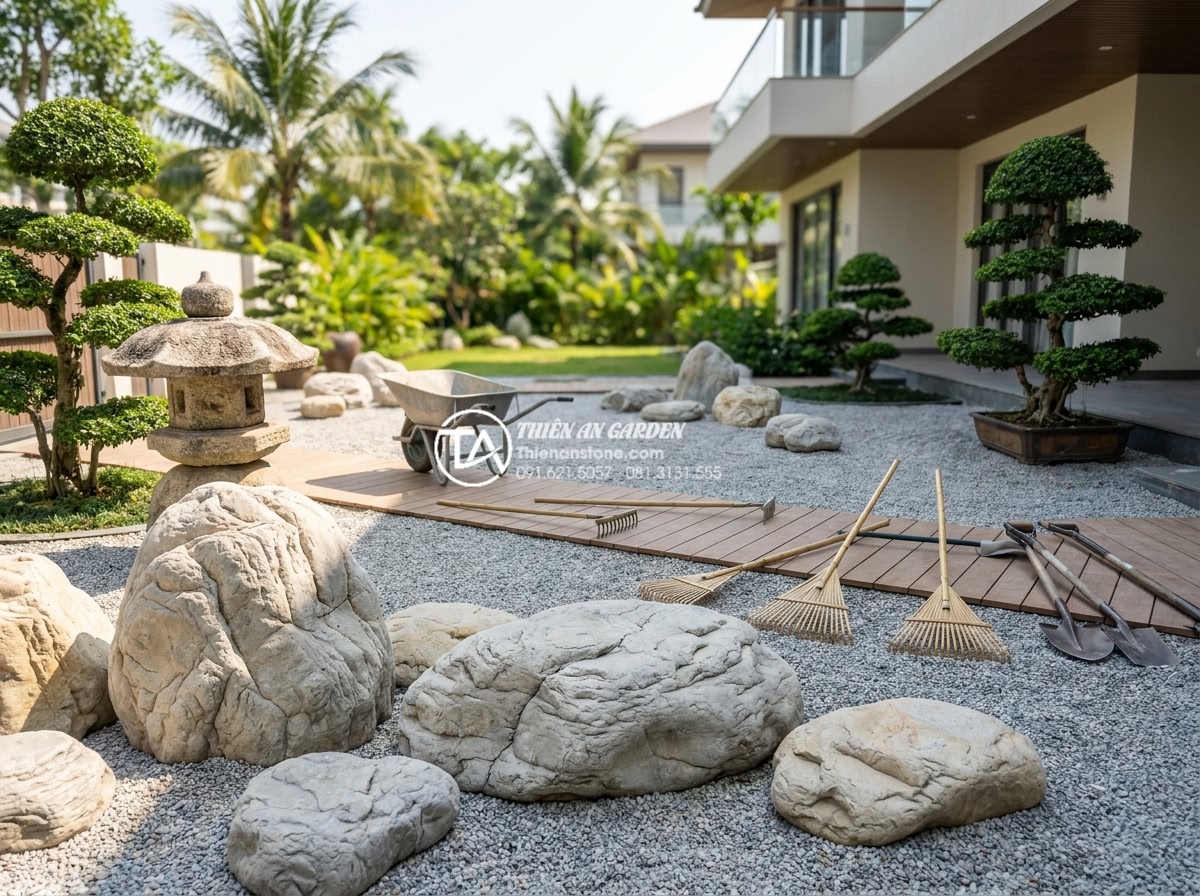 Mẫu tiểu cảnh đá cuội khô phong cách Nhật Bản Zen Garden tối giản - Professional team photo of Đá Cảnh Thiên An expert landscape construction crew w