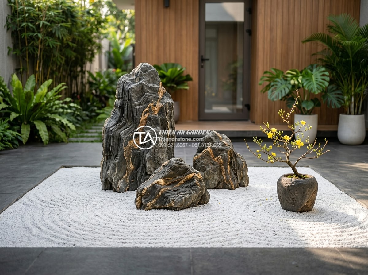 Mẫu tiểu cảnh hoa tết mang phong cách Zen Nhật Bản từ đá và sỏi - High-resolution realistic photograph of a minimalist Japanese Zen-style Tet mini