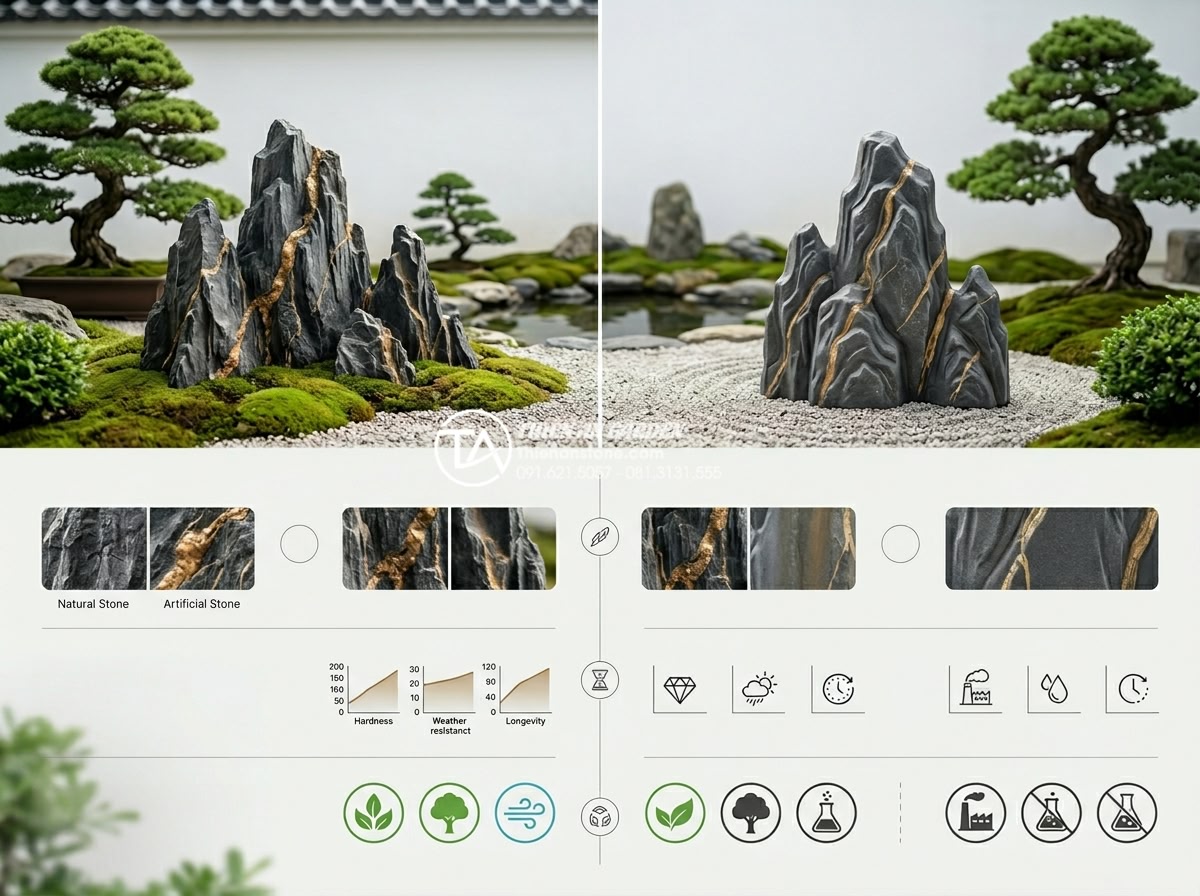Mẫu tiểu cảnh hoa tết mang phong cách Zen Nhật Bản từ đá và sỏi - Professional comparison infographic style image showing side-by-side natural sto