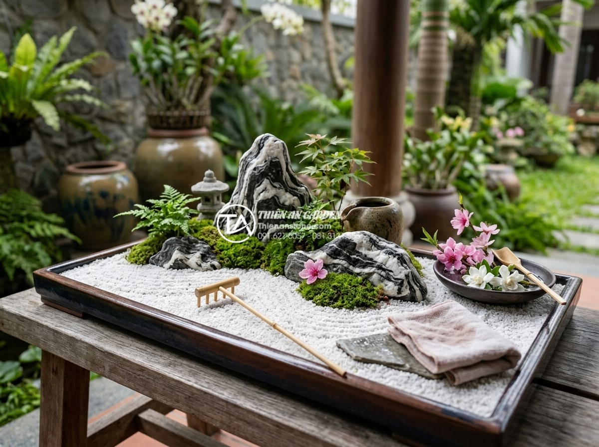 Mẫu tiểu cảnh hoa tết mang phong cách Zen Nhật Bản từ đá và sỏi - Beautiful maintenance scene of a Japanese Zen Tet mini landscape being gently ca
