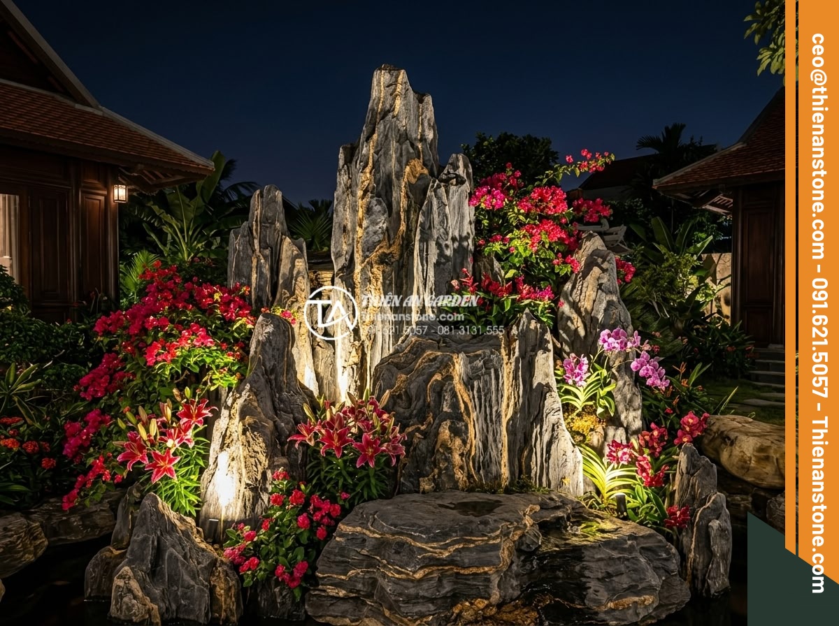 Mẹo phối màu hoa tết với màu sắc đá tự nhiên tạo điểm nhấn ấn tượng - Dramatic professional photograph of modern black basalt stone garden feature wit