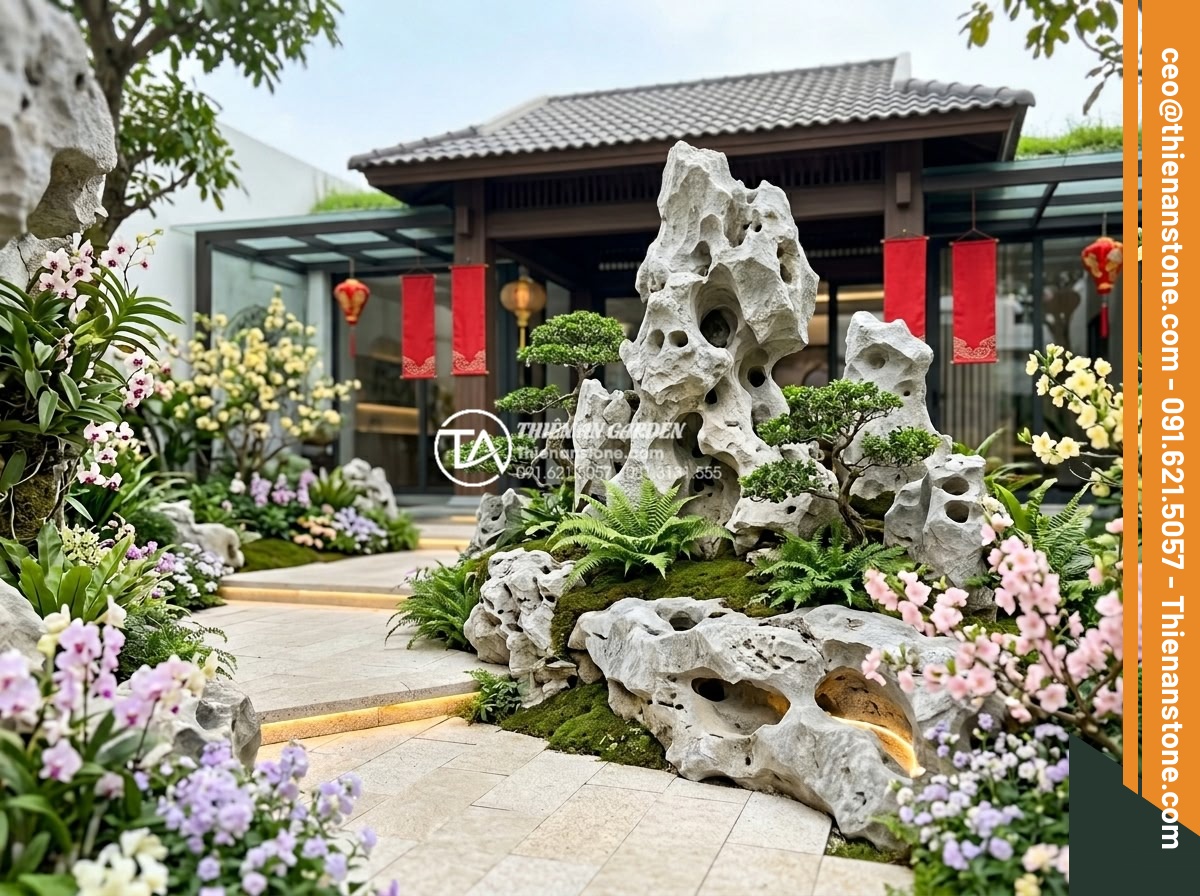 Mẹo phối màu hoa tết với màu sắc đá tự nhiên tạo điểm nhấn ấn tượng - Forward-looking professional concept art of 2026 Tet garden design trends featur