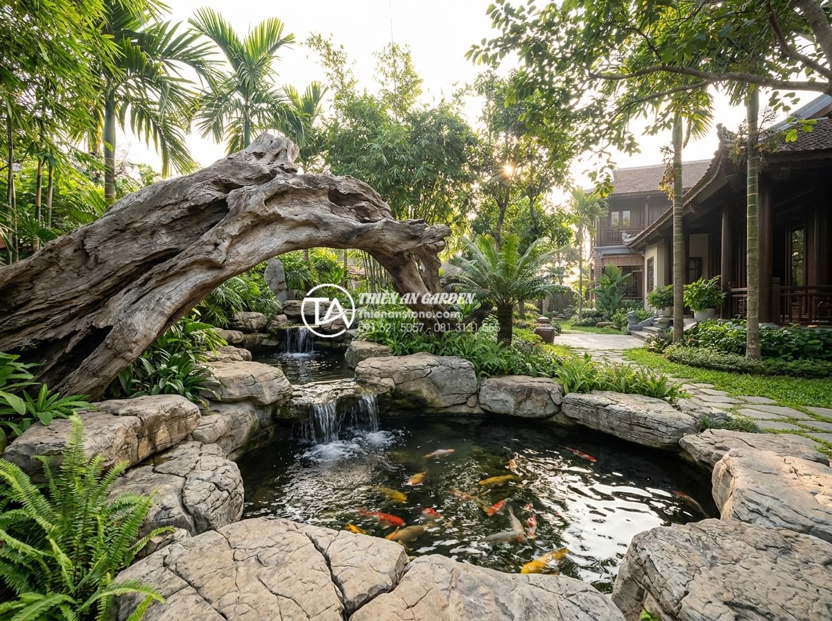 Mua gỗ lũa ở đâu uy tín? Top 5 địa chỉ bán gỗ lũa nghệ thuật - Hình 2 Mua gỗ lũa ở đâu uy tín? Top 5 địa chỉ bán gỗ lũa nghệ thuật - Stunning wide-angle view of a luxury Vietnamese villa garden featuring a large c