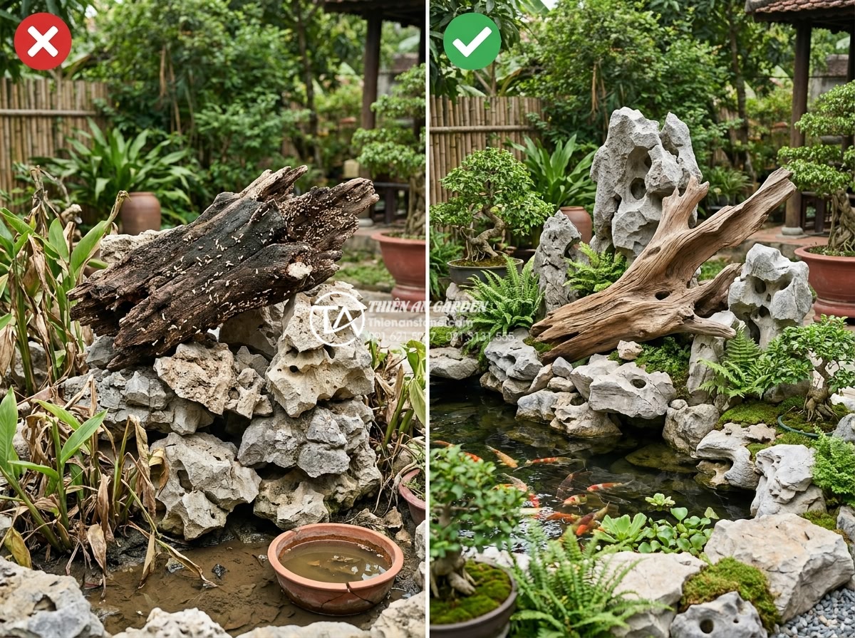 Mua gỗ lũa ở đâu uy tín? Top 5 địa chỉ bán gỗ lũa nghệ thuật - Hình 3 Mua gỗ lũa ở đâu uy tín? Top 5 địa chỉ bán gỗ lũa nghệ thuật - Educational before-and-after comparison image showing common mistakes with drift