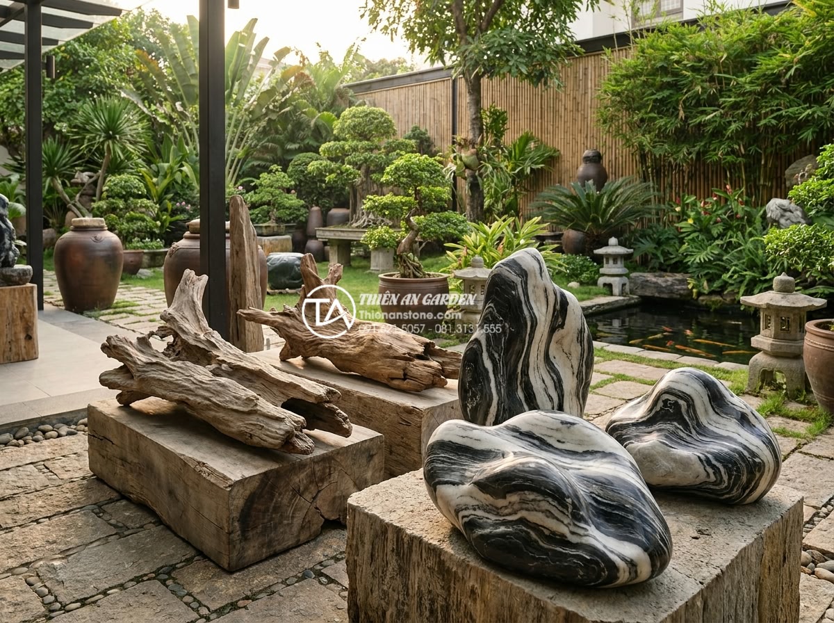 Mua gỗ lũa ở đâu uy tín? Top 5 địa chỉ bán gỗ lũa nghệ thuật - Hình 5 Mua gỗ lũa ở đâu uy tín? Top 5 địa chỉ bán gỗ lũa nghệ thuật - Elegant promotional image of Đá Cảnh Thiên An showroom featuring premium large d