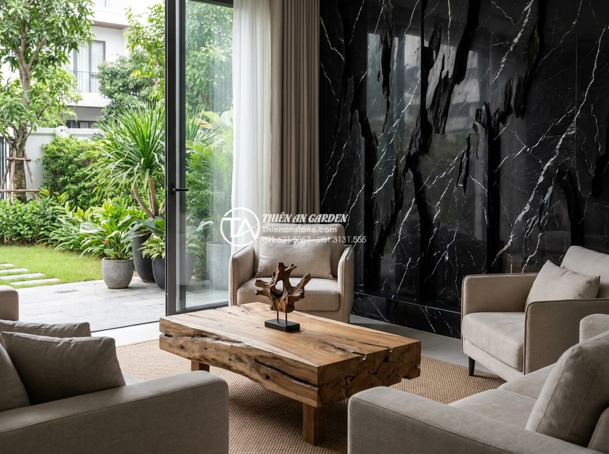 Mua gỗ lũa ở đâu uy tín? Top 5 địa chỉ bán gỗ lũa nghệ thuật - Hình 7 Mua gỗ lũa ở đâu uy tín? Top 5 địa chỉ bán gỗ lũa nghệ thuật - Modern luxury living room and garden scene showcasing handcrafted driftwood coff
