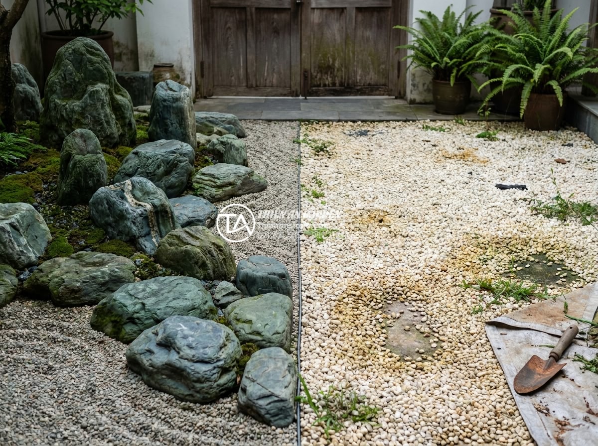 Nên dùng đá cuội hay sỏi nhân tạo để trang trí tiểu cảnh sân vườn? - Hình 12 Nên dùng đá cuội hay sỏi nhân tạo để trang trí tiểu cảnh sân vườn? - Long-term maintenance scene of pristine natural stone garden versus faded artifi