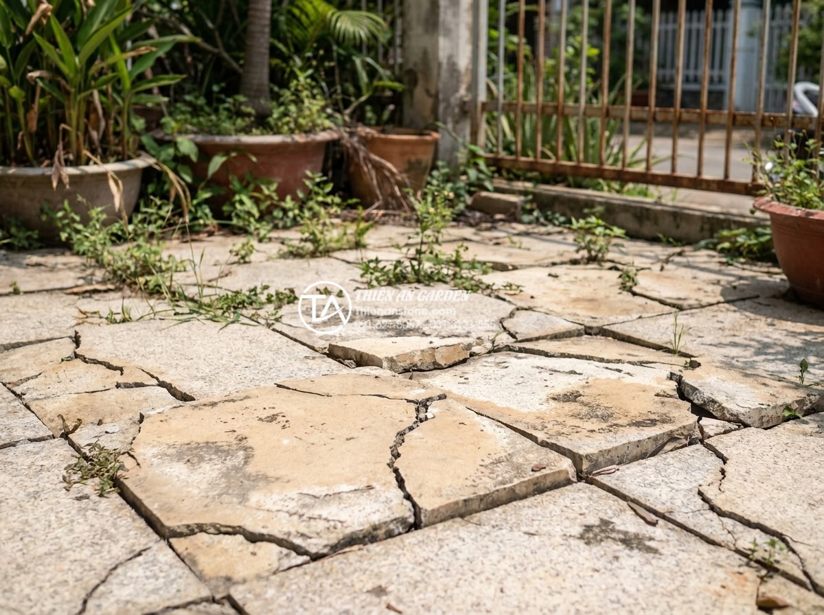 Nên dùng đá cuội hay sỏi nhân tạo để trang trí tiểu cảnh sân vườn? - Hình 15 Nên dùng đá cuội hay sỏi nhân tạo để trang trí tiểu cảnh sân vườn? - Disadvantages shown with cracked and faded artificial gravel in a neglected gard