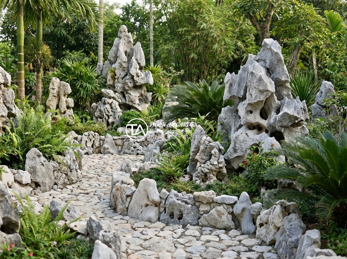 Nên dùng đá cuội hay sỏi nhân tạo để trang trí tiểu cảnh sân vườn? - Hình 2 Nên dùng đá cuội hay sỏi nhân tạo để trang trí tiểu cảnh sân vườn? - Wide angle view of a tropical backyard garden with decorative stones creating pa