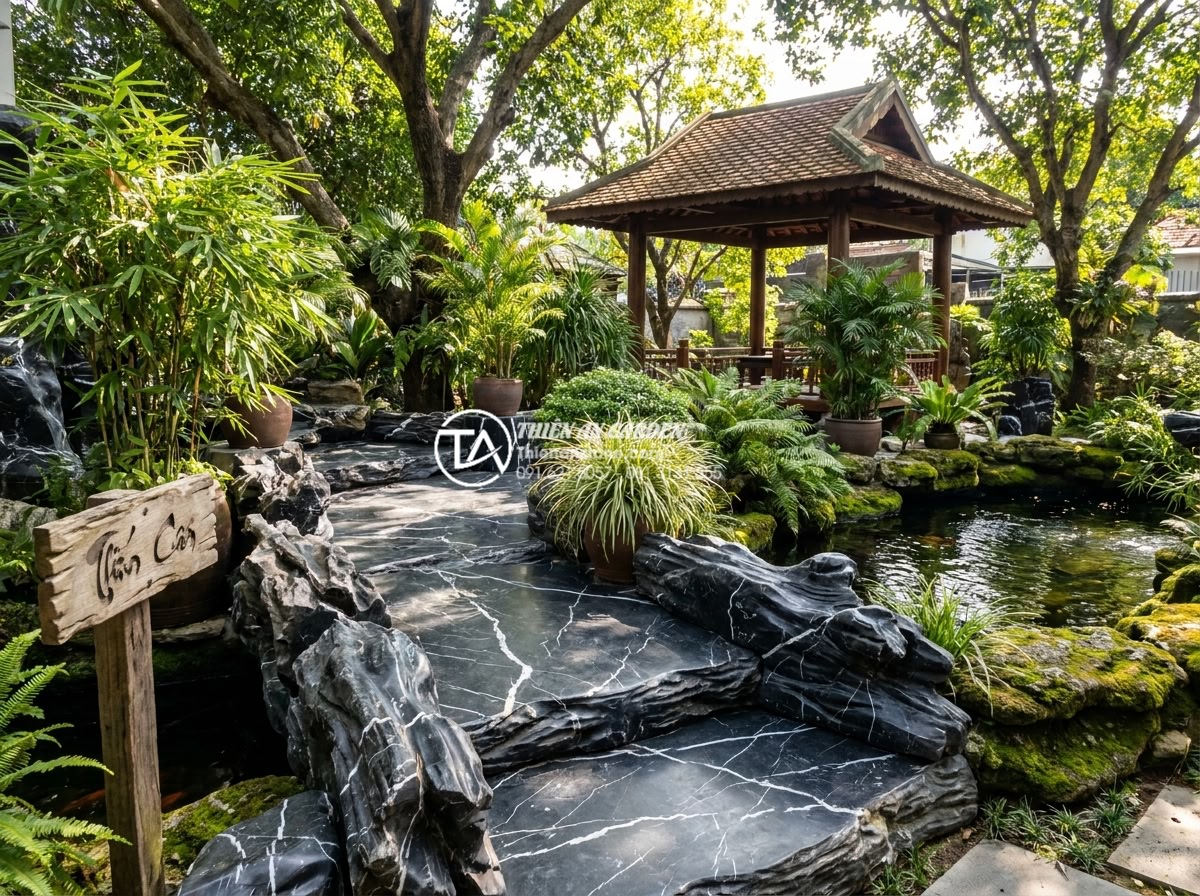 Nên dùng đá cuội hay sỏi nhân tạo để trang trí tiểu cảnh sân vườn? - Hình 20 Nên dùng đá cuội hay sỏi nhân tạo để trang trí tiểu cảnh sân vườn? - Completed durable pebble stone landscaping project in a luxury garden setting wi