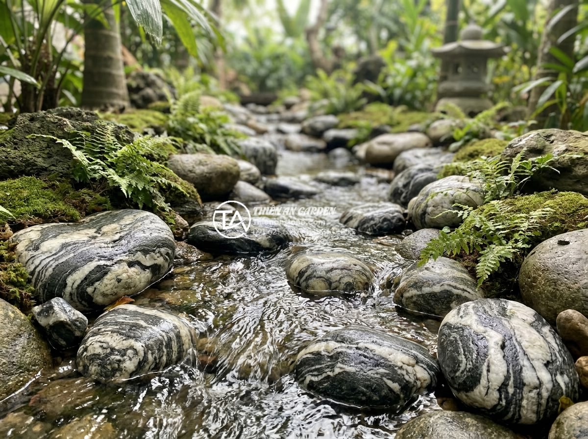 Nên dùng đá cuội hay sỏi nhân tạo để trang trí tiểu cảnh sân vườn? - Hình 4 Nên dùng đá cuội hay sỏi nhân tạo để trang trí tiểu cảnh sân vườn? - Natural pebble stones scattered along a garden stream bed with flowing water, de