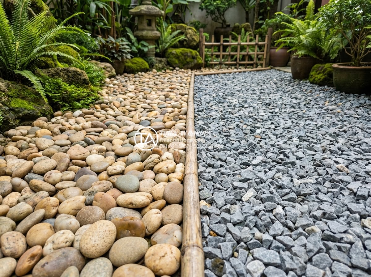 Nên dùng đá cuội hay sỏi nhân tạo để trang trí tiểu cảnh sân vườn? - Hình 7 Nên dùng đá cuội hay sỏi nhân tạo để trang trí tiểu cảnh sân vườn? - Side-by-side comparison of natural river pebbles versus artificial gravel, showi