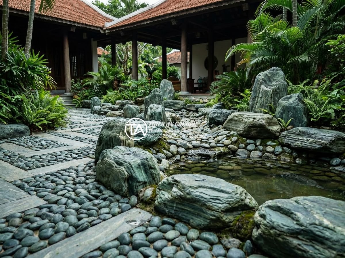Nghệ thuật phối hợp tiểu cảnh sỏi đá cuội cho sân vườn biệt thự - Hình 10 Nghệ thuật phối hợp tiểu cảnh sỏi đá cuội cho sân vườn biệt thự - Innovative villa garden designs featuring pebble and cobblestone scenes like geo