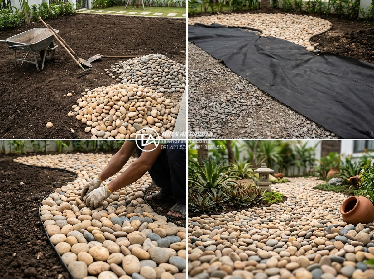Nghệ thuật phối hợp tiểu cảnh sỏi đá cuội cho sân vườn biệt thự - Hình 12 Nghệ thuật phối hợp tiểu cảnh sỏi đá cuội cho sân vườn biệt thự - Step-by-step professional pebble stone landscaping installation in luxury backya