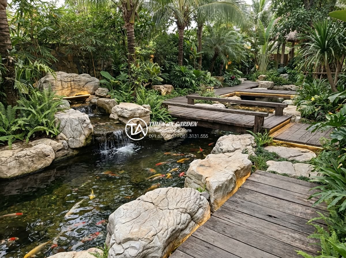 Nghệ thuật phối hợp tiểu cảnh sỏi đá cuội cho sân vườn biệt thự - Hình 13 Nghệ thuật phối hợp tiểu cảnh sỏi đá cuội cho sân vườn biệt thự - Integrated pebble stone scenes in villa garden combined with lush plants, koi po