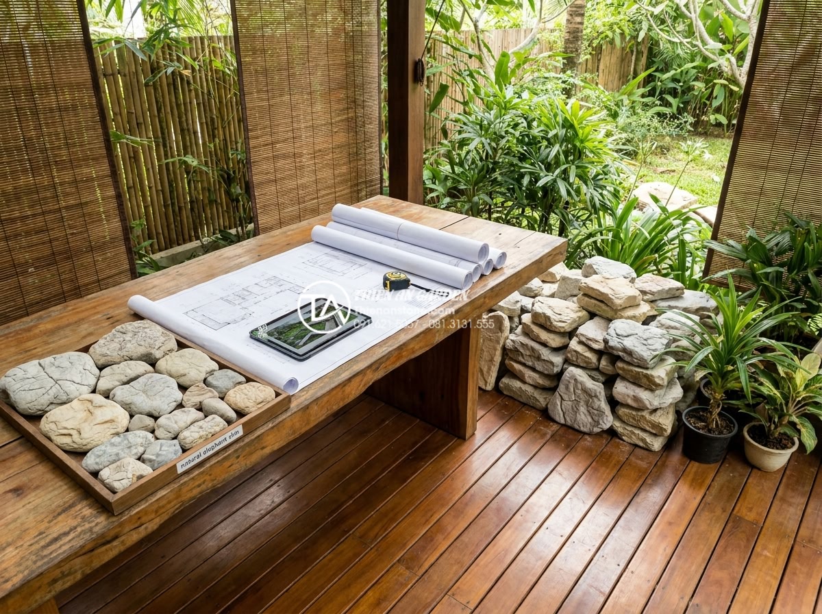 Nghệ thuật phối hợp tiểu cảnh sỏi đá cuội cho sân vườn biệt thự - Hình 20 Nghệ thuật phối hợp tiểu cảnh sỏi đá cuội cho sân vườn biệt thự - Professional consultation scene for high-end pebble landscaping in luxury villa