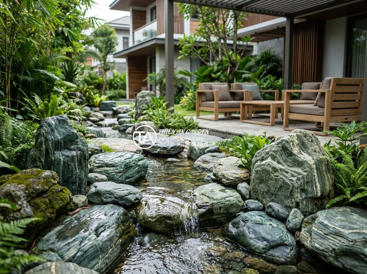 Nghệ thuật phối hợp tiểu cảnh sỏi đá cuội cho sân vườn biệt thự - Hình 3 Nghệ thuật phối hợp tiểu cảnh sỏi đá cuội cho sân vườn biệt thự - Elegant villa backyard with pebble stone landscaping, highlighting benefits like