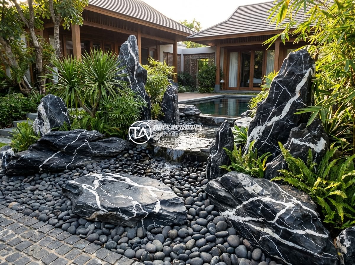 Nghệ thuật phối hợp tiểu cảnh sỏi đá cuội cho sân vườn biệt thự - Hình 4 Nghệ thuật phối hợp tiểu cảnh sỏi đá cuội cho sân vườn biệt thự - Wide angle shot of a luxury villa garden using pebble and cobblestone rockery fo