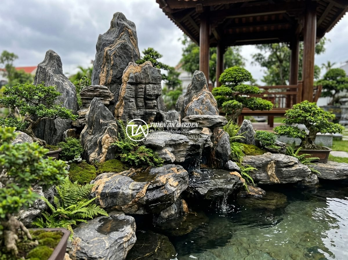 Nghệ thuật phối hợp tiểu cảnh sỏi đá cuội cho sân vườn biệt thự - Hình 8 Nghệ thuật phối hợp tiểu cảnh sỏi đá cuội cho sân vườn biệt thự - Harmonious pebble rockery design in luxury villa backyard demonstrating feng shu